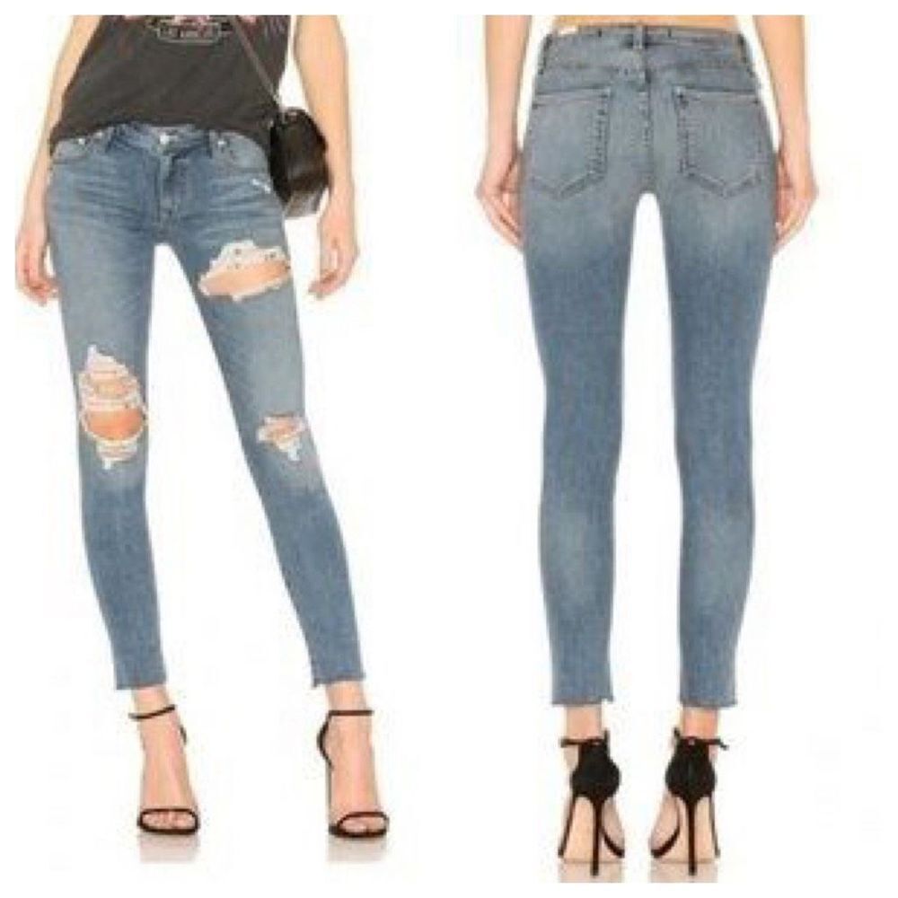 Lovers + Friends Ricky Mid -Rise Skinny Jeans Distressed Faded Step Hem Blue Siz
